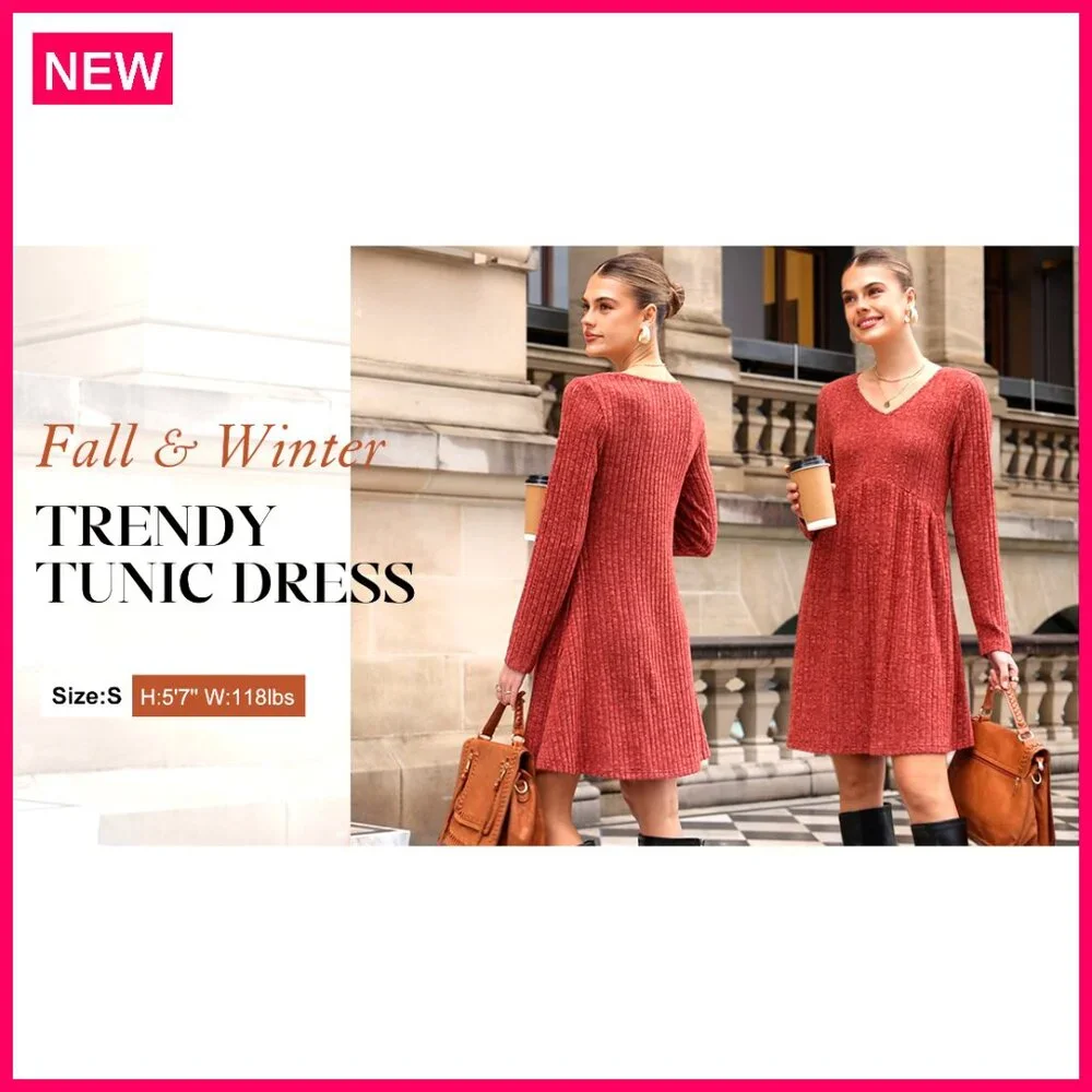 Long Sleeve V Neck Sweater Dress Empire Waist Babydoll with Pockets - Picture 6 of 7